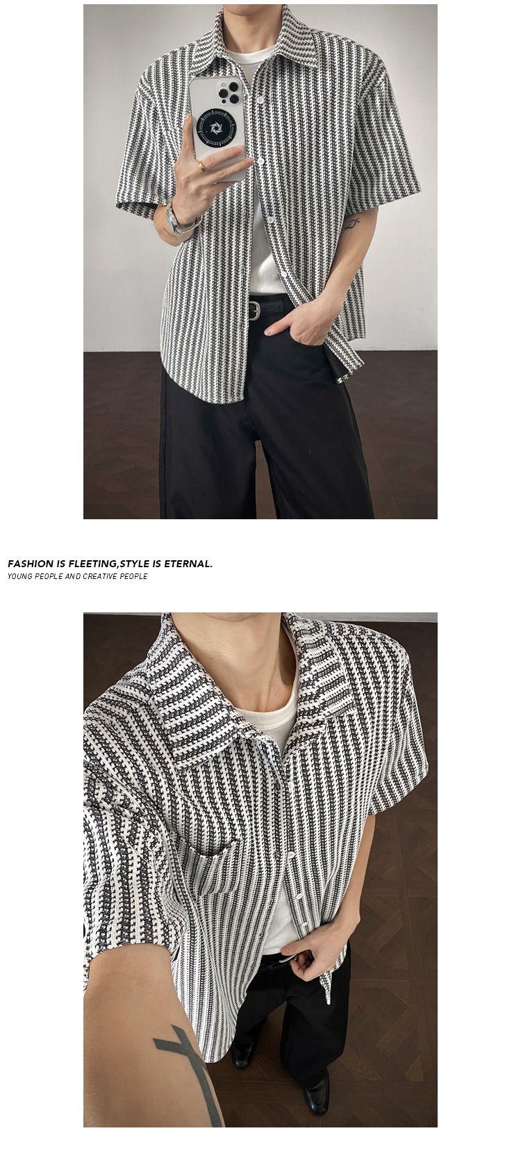 Fishbone Pattern Boxy Short Sleeve Overcoat For Men Stylish_voghion.com