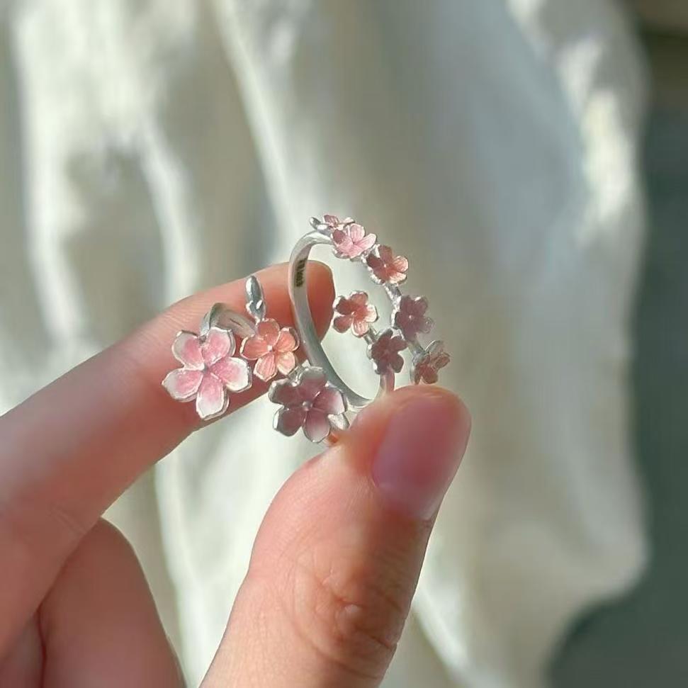 Silver Flower Ring for Women, Niche Design, Pink Peach Blossom Index Finger Ring, Fresh and Sweet Gradient Flower Open Ring