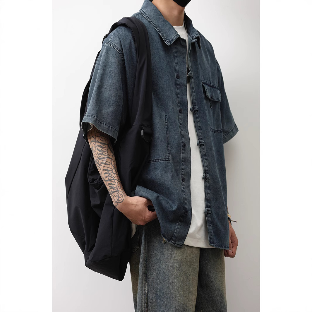 1 Denim Short Sleeve Summer New Chinese Niche Design Button Dark Blue Shirt Men's National Style Jacket Trendy_voghion.com