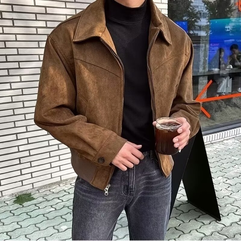 Spring and Autumn Korean Short Bomber Jacket Men's Loose Lapel Zipper Youth Hong Kong Style Light Luxury Trendy Jacket