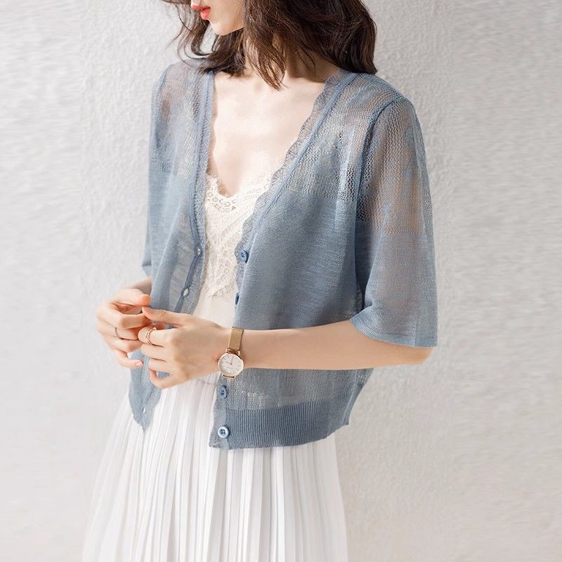 Silk Ice Silk Knitted Short-sleeved Cardigan Thin Women's Small Shawl Summer Skirt with Suspender Shoulder Hollow Short Outer Silk Ice Silk Knitted Short-sleeved Cardigan Thin Women's Small Shawl Summer Skirt with Suspender Shoulder Hollow Short Outer