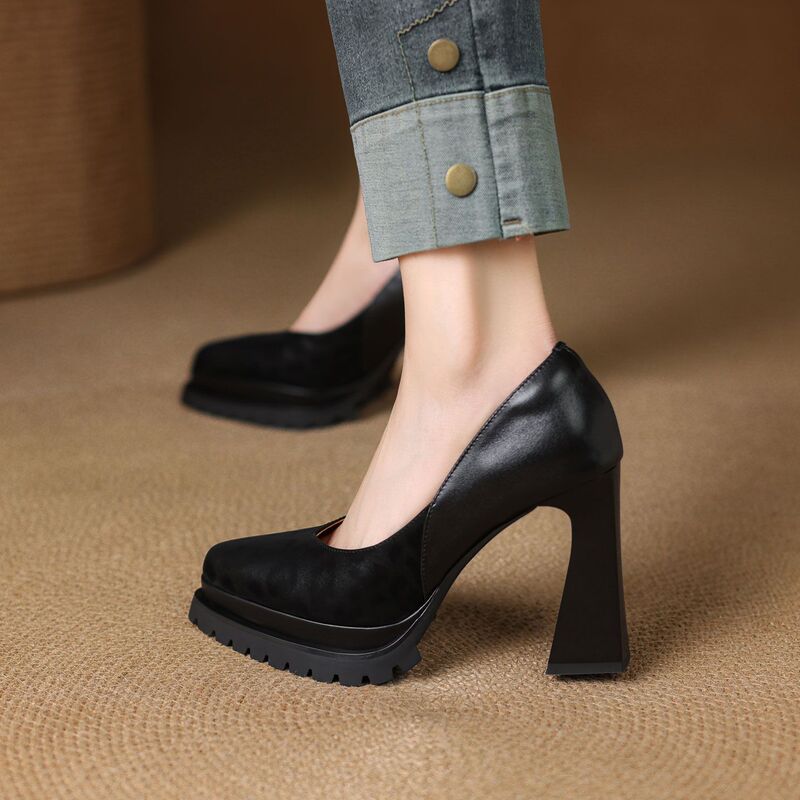 New Thick-Soled Waterproof Platform New Women's Autumn New Versatile Height-Increasing Pointed High Heels with Chunky Heels