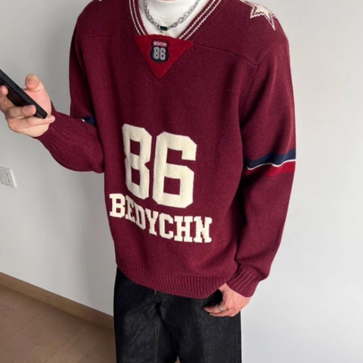 Men's Retro Color Block Pullover Sweater – Loose Fit V-Neck Knitwear (Navy Blue/Red, M-XXL)_voghion.com