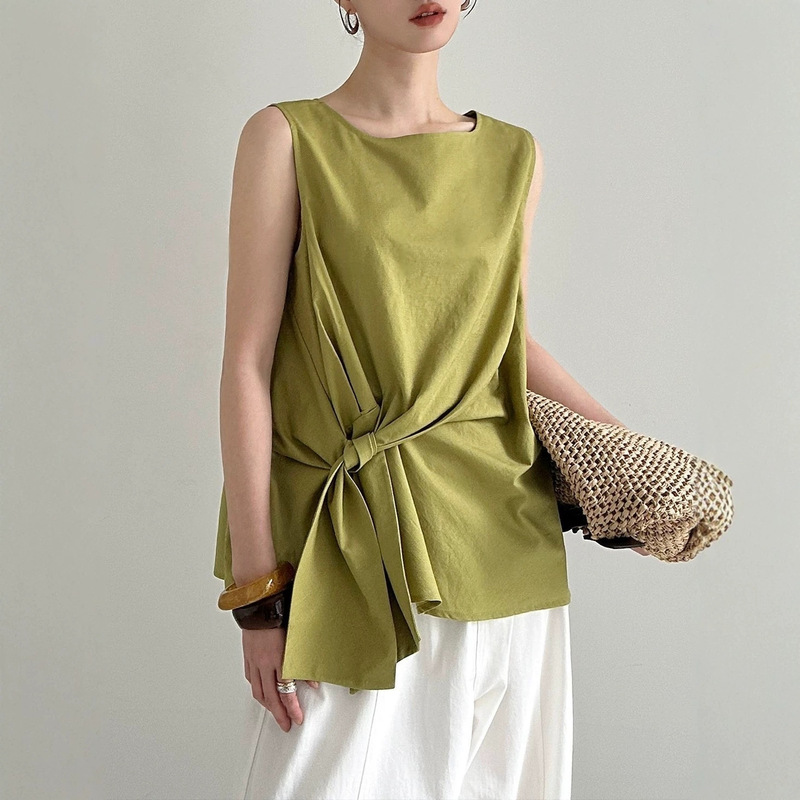Xu Dalianya Korean-Style Niche Design Twisted A-Line Doll Top Summer Sleeveless Vest Cotton Linen Shirt for Women Xu Dalianya Korean-Style Niche Design Twisted A-Line Doll Top Summer Sleeveless Vest Cotton Linen Shirt for Women