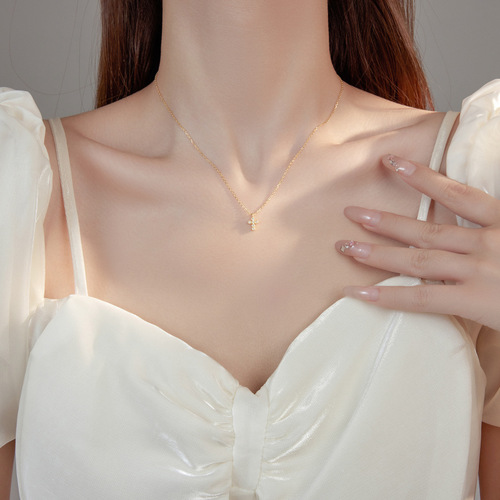925 Pure Silver Korean Style Diamond Accented Zirconia Cross Necklace for Instagram - Cool and Elegant Choker Necklace, Drop Ship