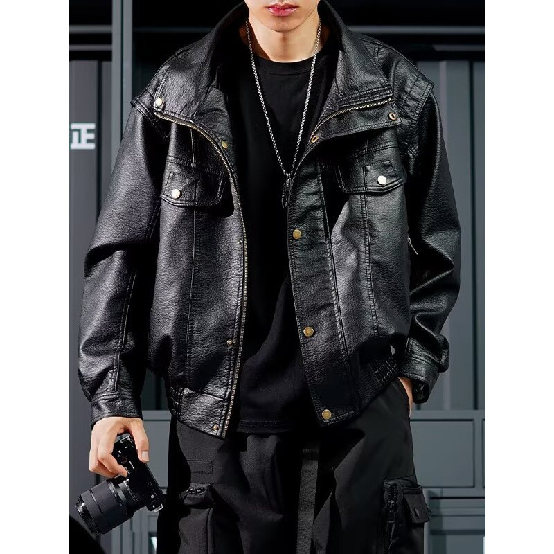 American Style Leather Jacket Spring and Autumn Retro PU Motorcycle Leather Jacket Men's Short Style Aviator Fashionable Jacket Leather Jacket American Style Leather Jacket Spring and Autumn Retro PU Motorcycle Leather Jacket Men's Short Style Aviator Fashionable Jacket Leather Jacket