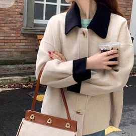 冬新款韩版拼色短款双面羊绒大衣女单排扣休闲加厚毛呢外套