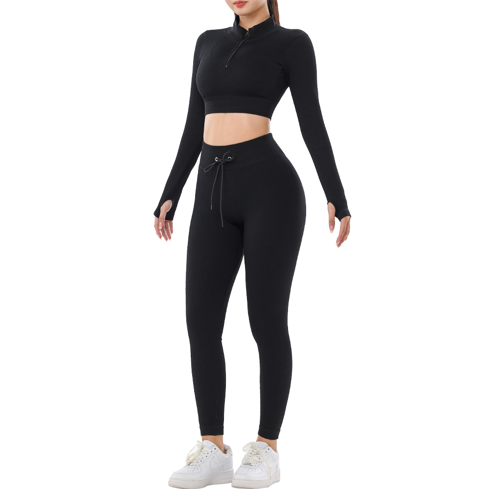 Traje de yoga con cordón de hilo Otoño e Invierno alto elástico Levantamiento de cadera fitness ropa de yoga ropa exterior deportes pantalones de manga larga traje de dos piezas