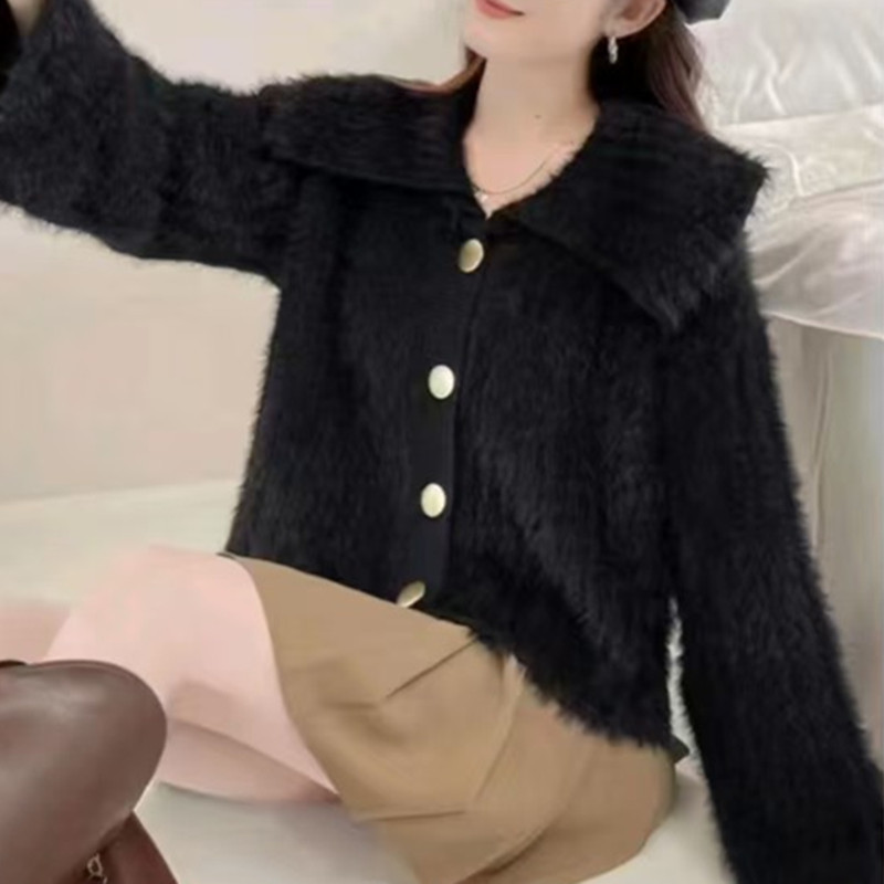 慵懒风软糯水貂绒毛衣外套女春季法式娃娃领针织开衫外穿加厚毛衫|undefined
