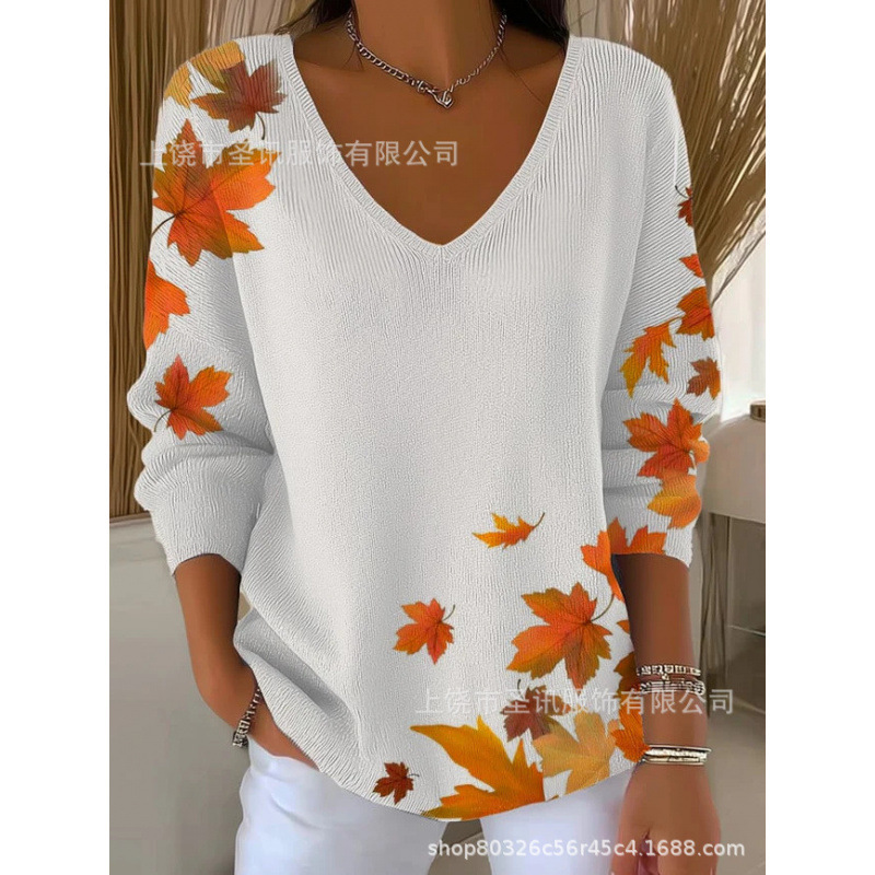 欧美跨境独立站新款3D印花女士时尚渐变色V领长袖T恤上衣|undefined