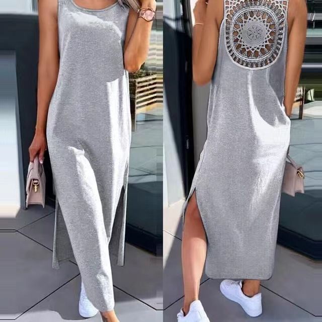 Women's Clothing Summer Solid Color Women's Dress Style Back Hollowed Out Lace Sleeveless Slit Design For Casual Occasions_ecoleips.com