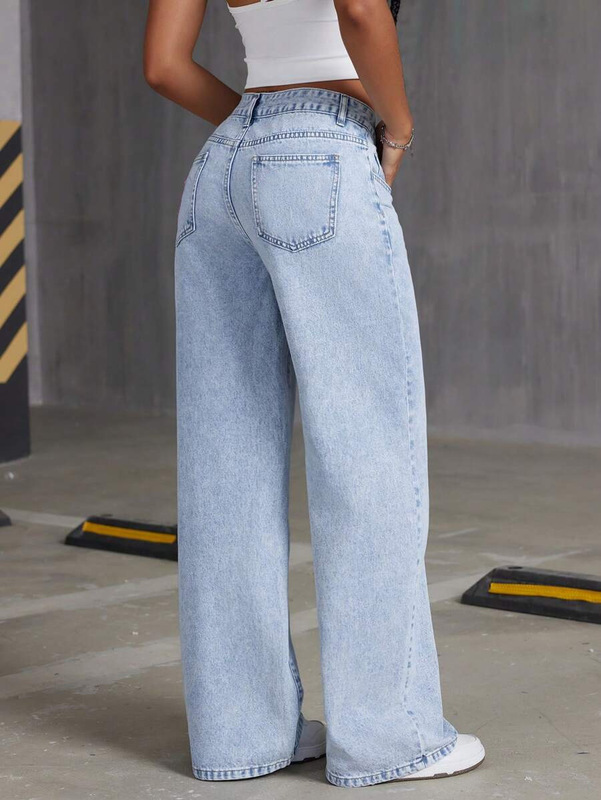 欧美跨境2025新款宽松浅蓝色水洗阔腿牛仔裤纯色长裤WOMEN JEANS|undefined