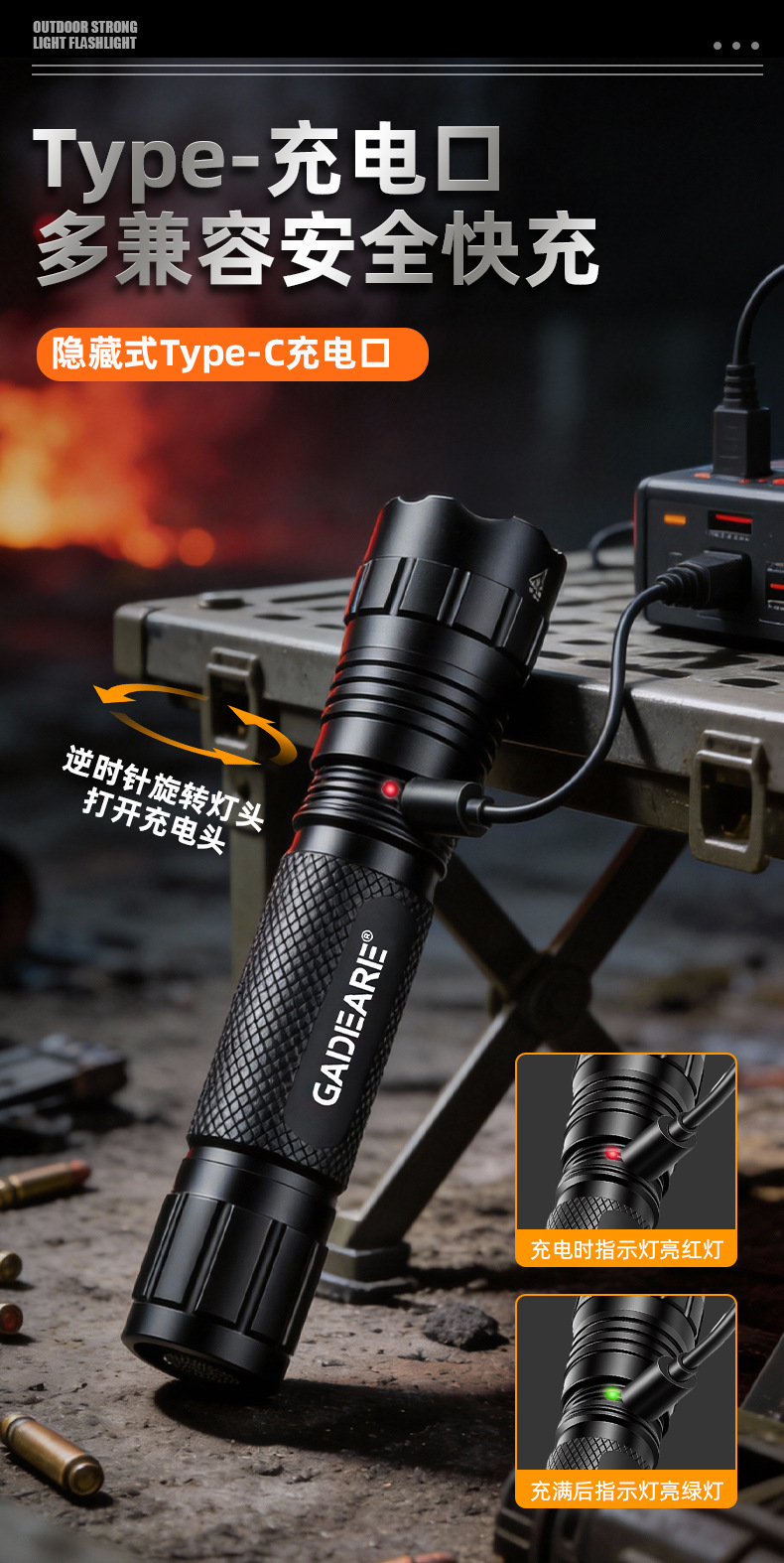501B Military Tactical Mouse-Tail Flashlight with Rechargeable Wired Dual Control for Outdoor Patrol Lighting and High-Brightness Illumination