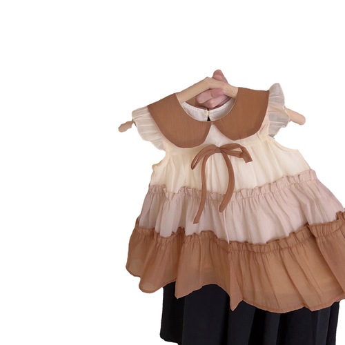 Girls Korean style contrasting lapel cake skirt for children and middle-aged children summer fashionable children's lapel sleeveless vest dress foreign trade