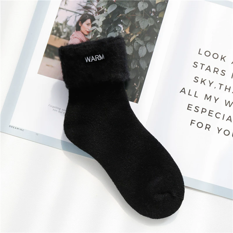 Warm knee socks with plush fur cuff and embroidery, mid-length, assorted colors