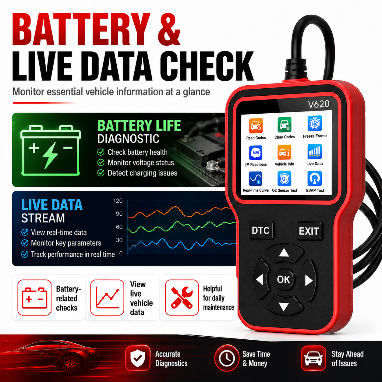V620 car fault detector diagnostic device OBD2 decoder eraser universal display screen precise decoding