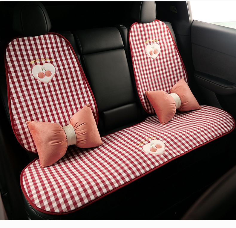 Plaid Cherry Car Cushion Four Seasons Universal Linen Single Piece Goddess Seat Cover Semi-enclosed Breathable Summer Day