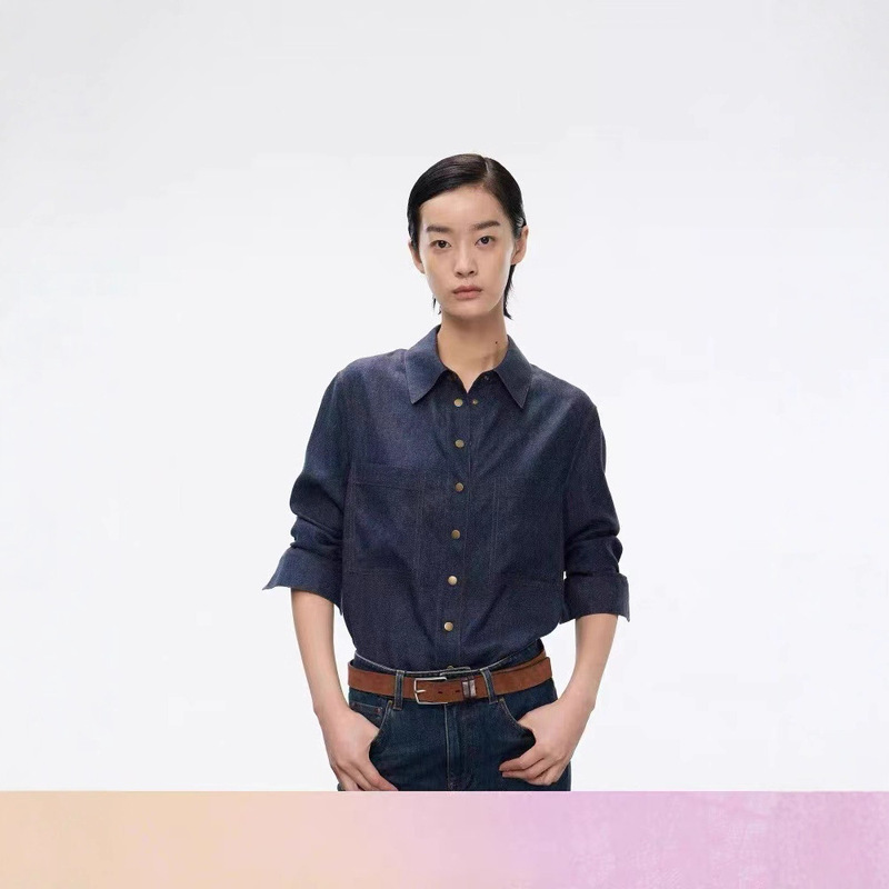 【刘雯同款】鄂*同款女装真丝衬衫25年早秋新品直身哑光牛仔上衣|undefined