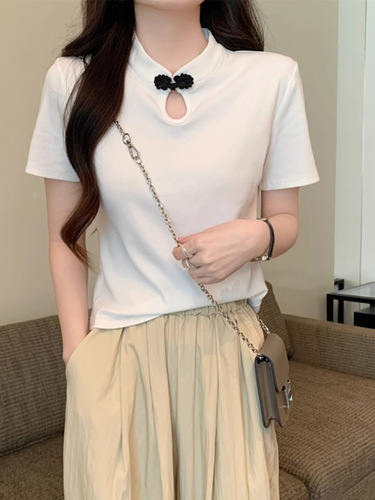New Chinese Style Embroidered Collar Top with Short Sleeve for Spring 2025, Women's Casual Half Collar T-Shirt