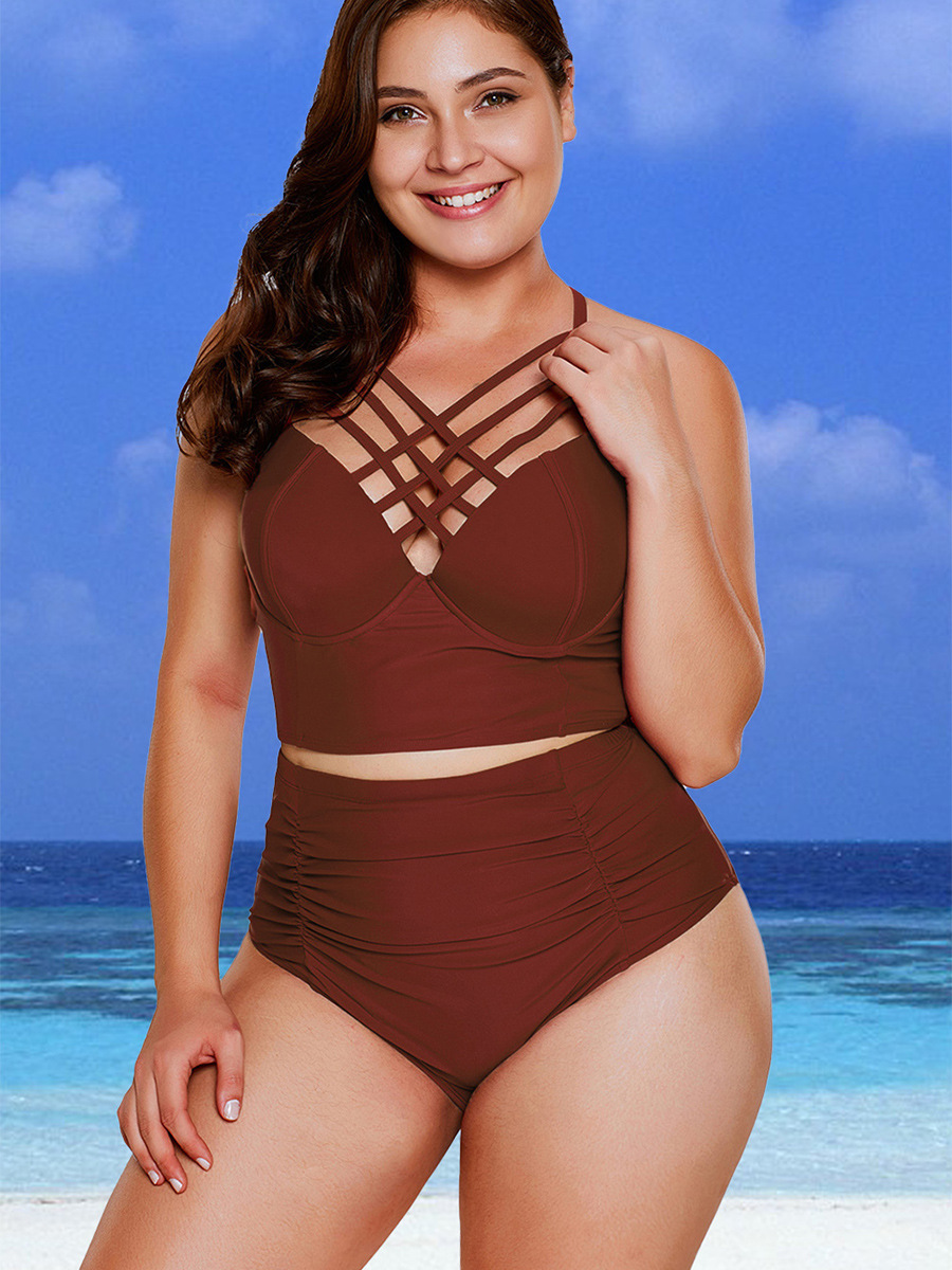 European and American Plus-Size Sexy Bikini Swimwear Independent Store Hot Style Solid Color Strap High-Waisted Two-Piece Swimsuit Wholesale