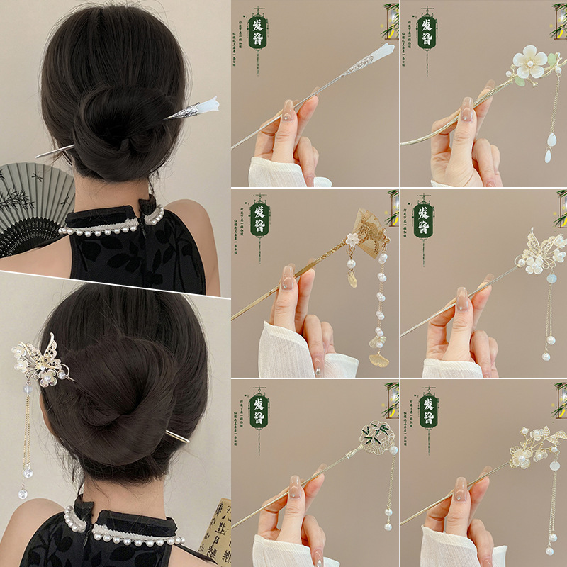 高级感发新中式古风汉服簪子女日常通勤盘发器木质流苏发钗头饰|undefined