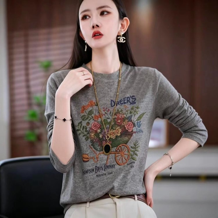 Dropshipping live-streaming hit product 2026 early autumn new fashion casual loose versatile age-reducing printed long-sleeve T-shirt Dropshipping live-streaming hit product 2026 early autumn new fashion casual loose versatile age-reducing printed long-sleeve T-shirt