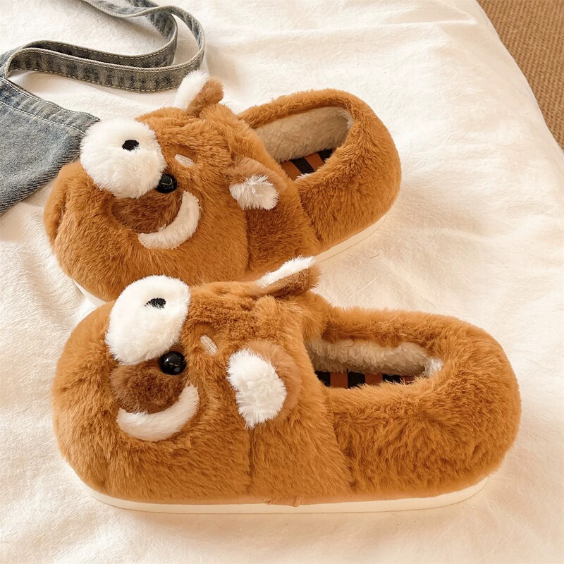Cotton Slippers for Women in Winter Cute Little Raccoon Indoor Home Couple Plush Warm Non-Slip Thick-Soled Bag Heel Cotton Shoes for Men