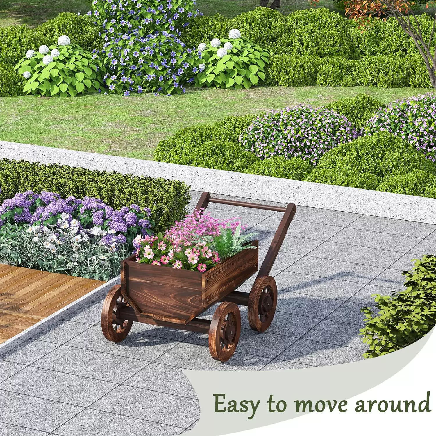 家用户外木制花架木制旅行车花盆花园装饰花盆木制手推车花盆