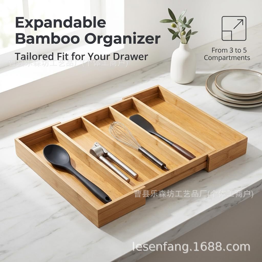 Cross-border bamboo and wood cutlery storage box, expandable utensil organizer for kitchen drawers, freely combinable and partitioned storage