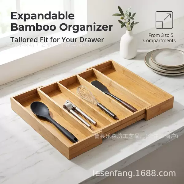 Cross-border bamboo and wood cutlery storage box, expandable utensil organizer for kitchen drawers, freely combinable and partitioned storage