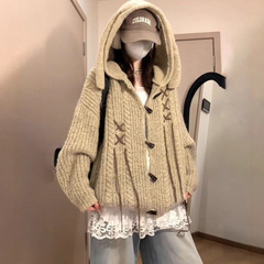 美式高街牛角扣连帽毛衣针织开衫女宽松设计感小众休闲百搭外套潮