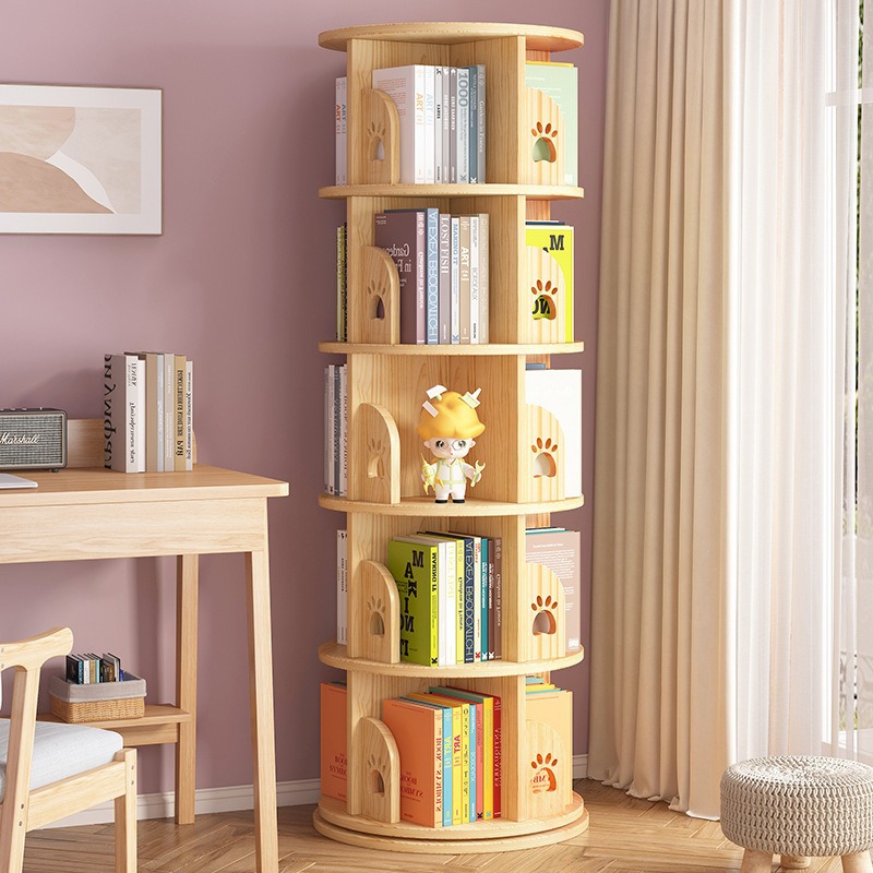 Solid Wood Rotating Bookshelf Cartoon Cat's Claw Bookshelf Children's Picture Book Storage Rack Living Room Storage Rack Corner Bookcase