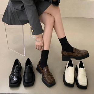 2024 Spring and Autumn British Style Thick Bottom Square Toe Retro Loafers Uniform Slip-on Shoes Women's Daily Commuter