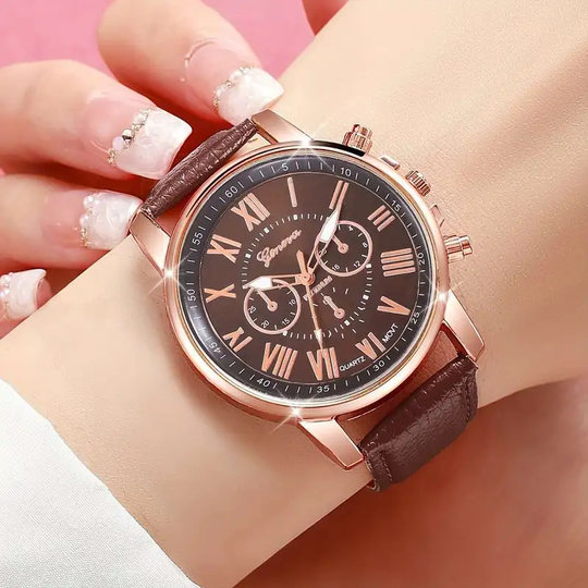 Cross-border Drainage Women's Belt Watch Geneva Quartz Belt Fashion Women's Watch Rome Scale Hand