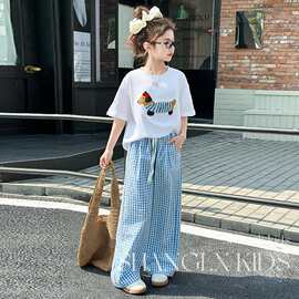 女童夏日穿搭套装腊肠狗短袖洋气儿童格子裤2025新款夏天好看衣服