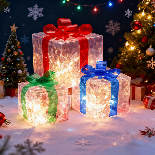 Cross-border Christmas gift box 3-piece set, foldable Christmas gift box, Christmas decoration light box, glowing head gift box