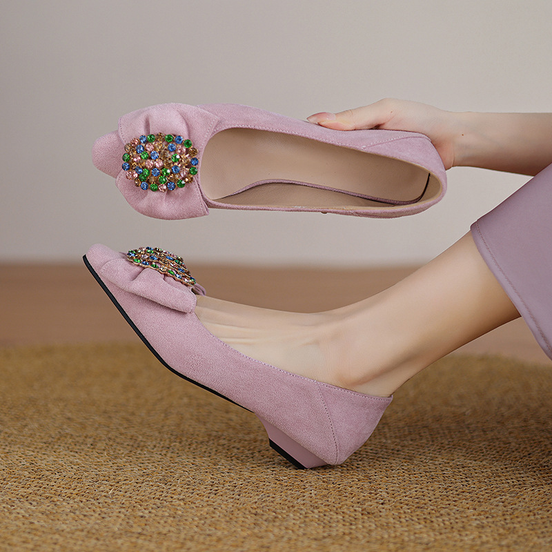 2025 New Colorful Rhinestone Suede Shallow Mouth Pointed Toe Spring & Fall Flats Medium and Low Heel Casual Shoes 32-43 Export Shoes