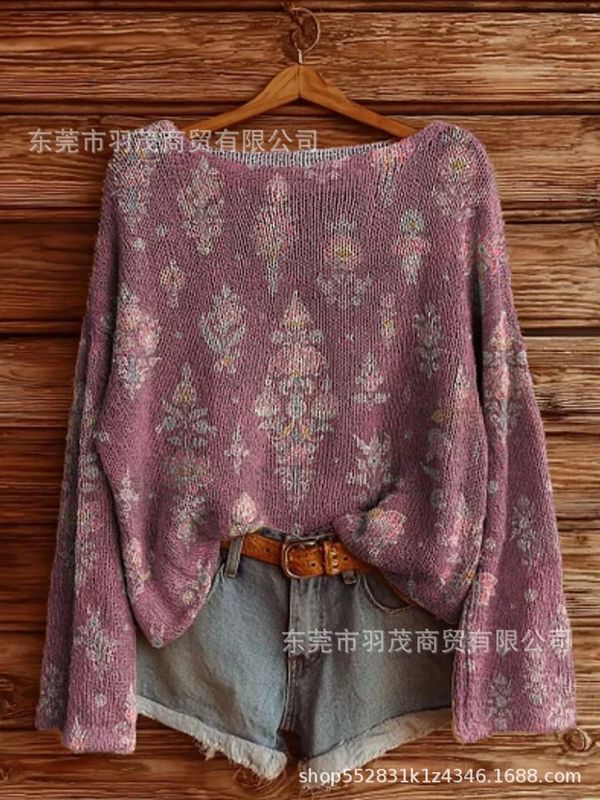 独立站新款高领卫衣仿毛衣 秋冬季碎花圆领宽松毛衣2|undefined