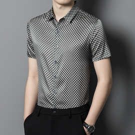 夏季桑蚕丝男士短袖衬衫细格子真丝绸缎衬衣男装半袖休闲凉感寸衫