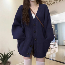 大码胖MM毛衣外套女秋冬新款韩系宽松藏蓝色多巴胺针织开衫