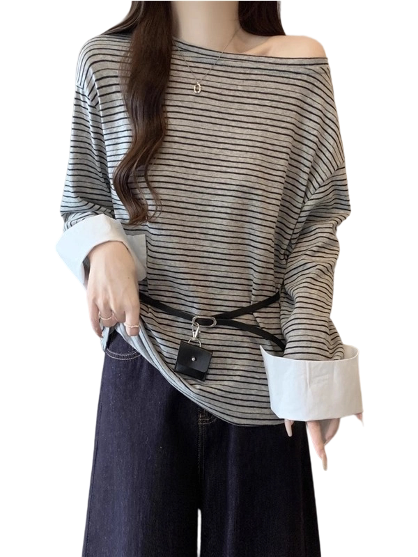 假两件条纹斜肩露肩长袖T恤女2025早秋新款大码胖mm皮带收腰上衣|undefined