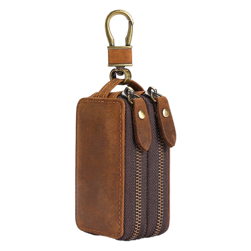 Universal coche clave caso multifuncional doble cremallera coche clave caso primera capa de cuero de vaca clave Funda de cuero retro cintura colgante