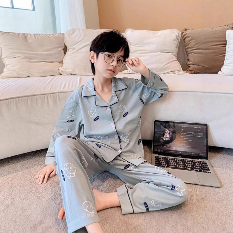 Boys' Cotton Pajamas Spring and Autumn Long-Sleeved Long Pants Set for Older Children Boys Cardigan Loungewear Can Be Worn Outside