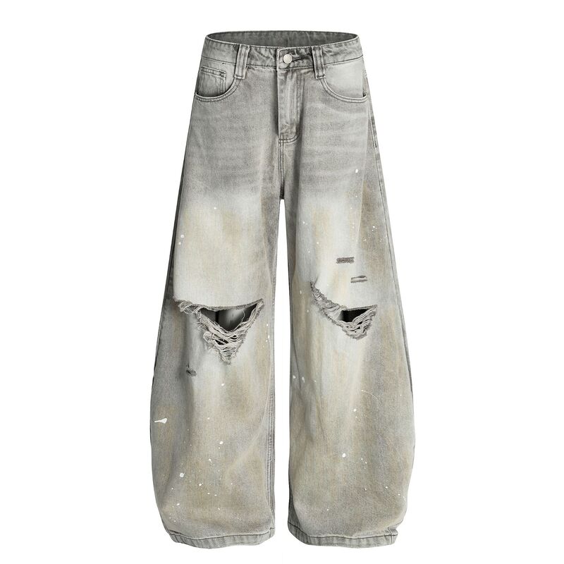 Fx080 American High Street Retro High-End Street Dot Ink Hole Design Loose Men's Scimitar Jeans