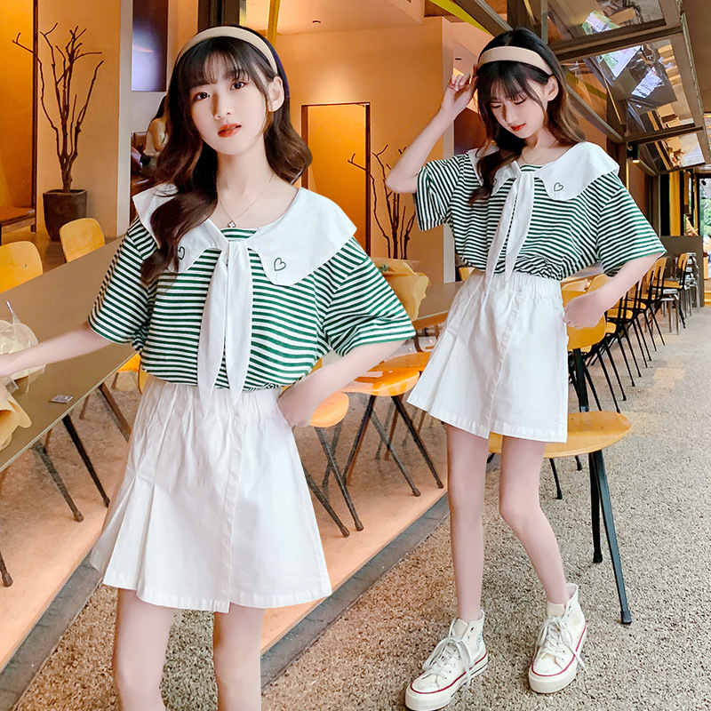 女童套装夏装2023新款儿童洋气海军领条纹短袖韩版时髦裙裤两件套