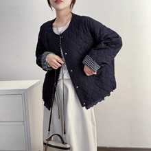 2025秋冬新品 韩版文艺圆领蕾丝夹棉加厚保暖棉衣棉服外套女装