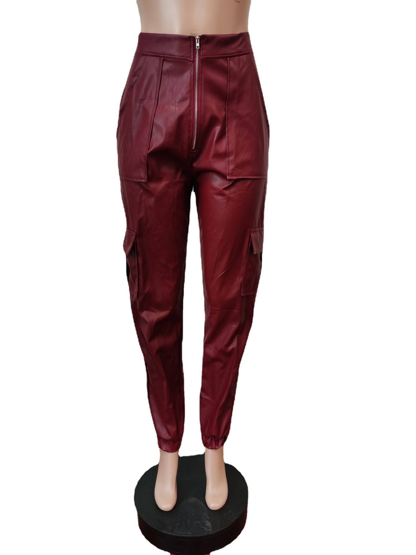 455g Weight Full Length Pants Length Pu Fabric Type Mid Waist Waist Line Jogger Pants Pants Type Micro-Elastic Elasticity Casual Occasion Regular Fit Fit Type Solid Color Pattern Spring, Autumn Season Women's Gender Zipper Design Streetwear Style Women's Casual Streetwear Solid Color Full Length Zipper Jogger Pants 38