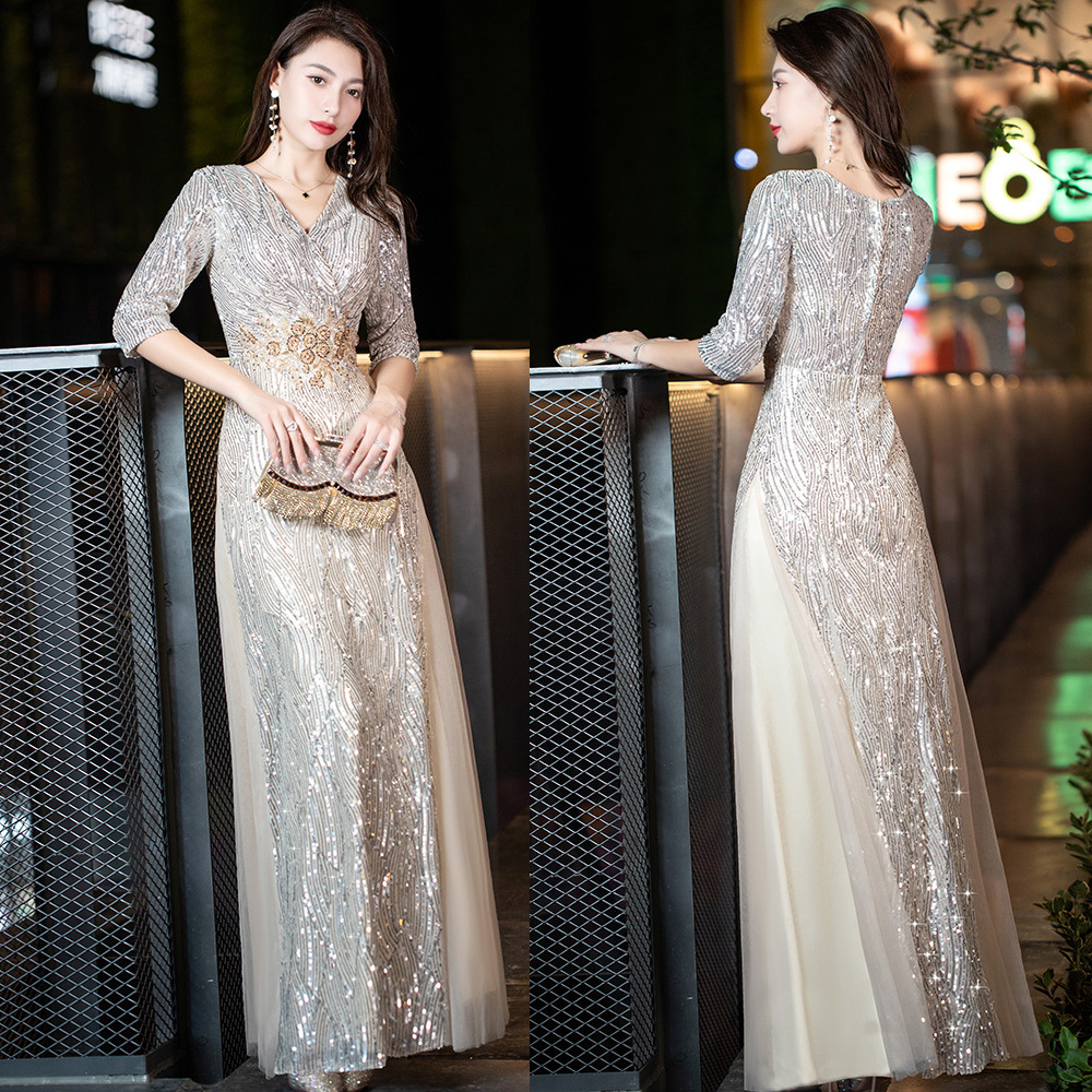 New Three-Quarter Sleeve Evening Dress for Women, V Neck Banquet Elegant, High-End Accessible Luxury Niche Classy Zipper Host Sequined Long Skirt