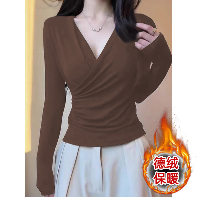 双面德绒黑色交叉v领长袖t恤女装秋冬季新款遮肚子内搭打底衫上衣|undefined