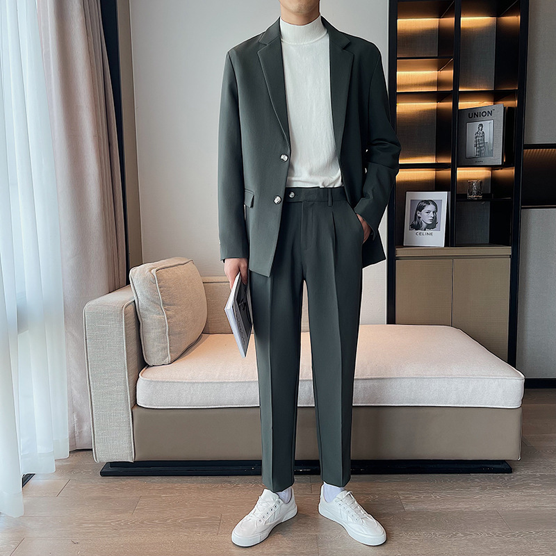 韩版宽松男士细条纹柔软面料休闲西服套装纯色时尚西装两件套青年|ms